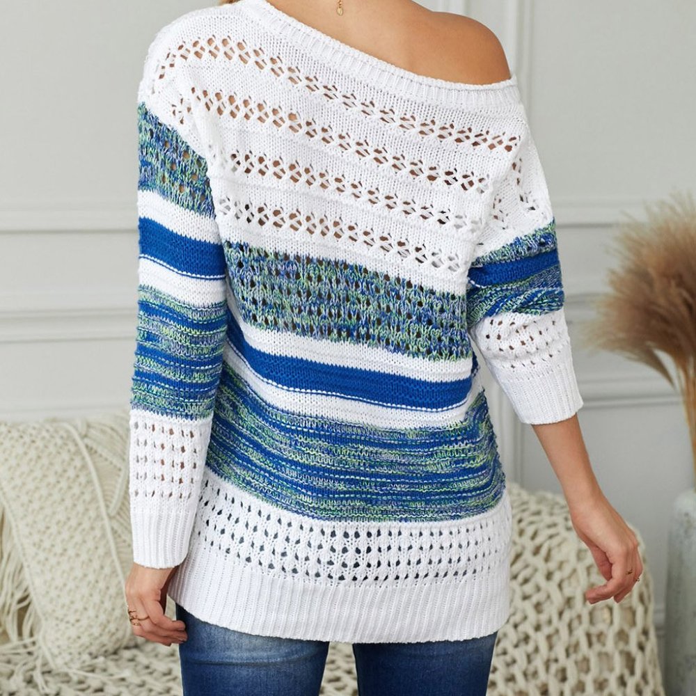 Blue Loose Openwork Round Neck Sweater - Picture 2 of 6